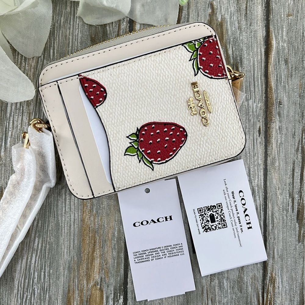 Coach Zip Card Case With Strawberry Print Wallet Bag Purse - Picture 7 of 11
